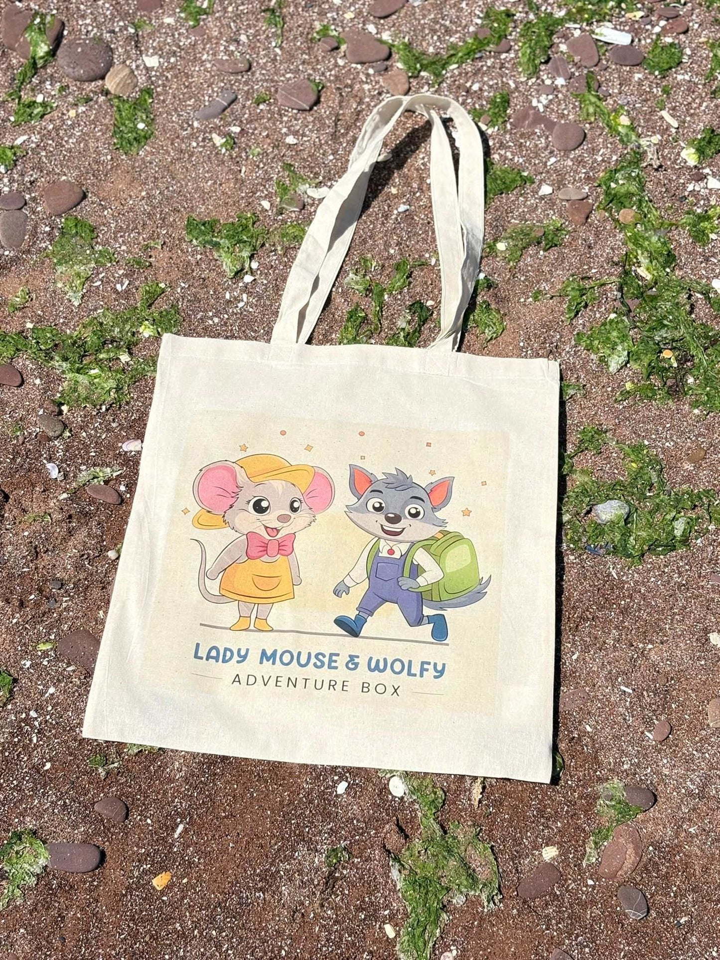 Branded cotton tote bag featuring Lady Mouse and Wolfy cartoon characters design