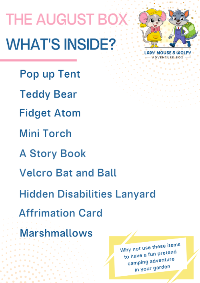 Camping Themed Box with pop up tent, teddy bear, fidget atom, mini torch, story book, velcro bat and ball, hidden disabilities lanyard, affirmation card, and marshmallows.