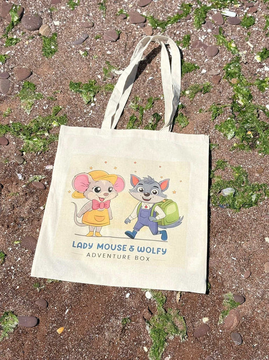 Branded cotton tote bag featuring Lady Mouse and Wolfy cartoon characters design