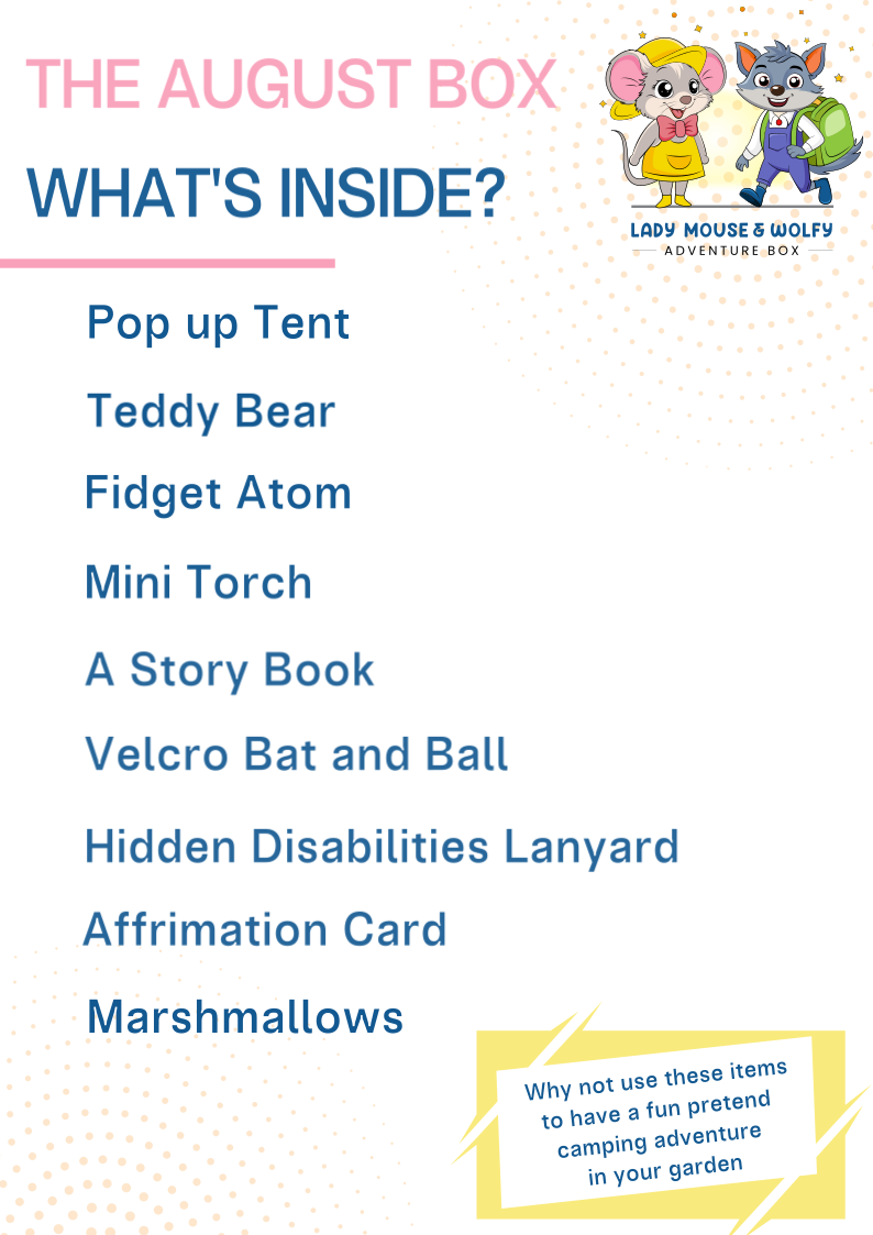 Camping Themed Box with pop up tent, teddy bear, fidget atom, mini torch, story book, velcro bat and ball, hidden disabilities lanyard, affirmation card, and marshmallows.